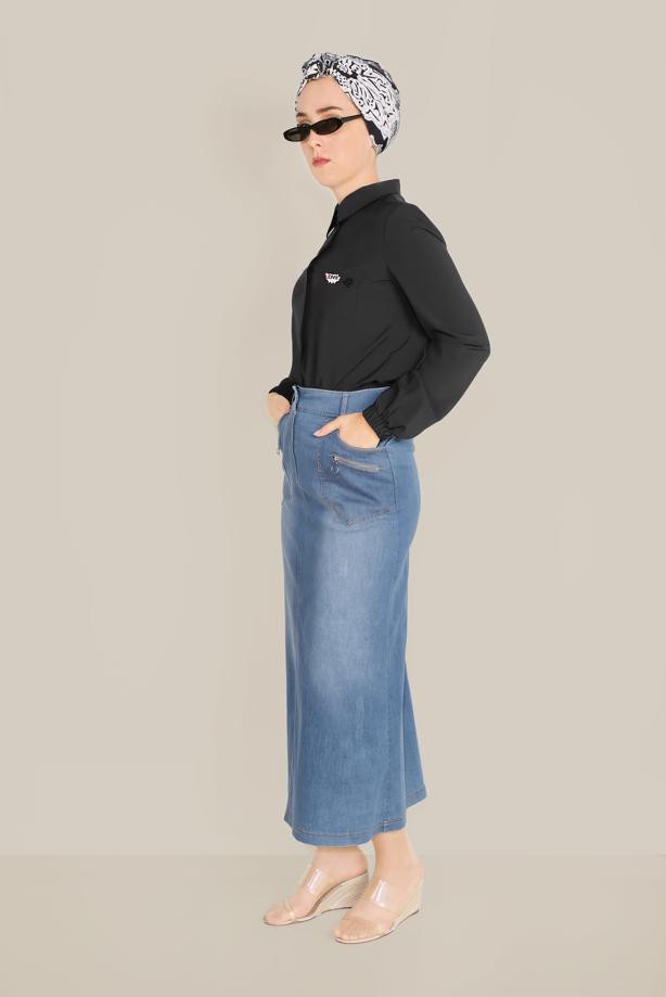 Vêtements hijab BLEU MARINE JUPE EN DENIM AVEC FERMETURE ÉCLAIR ALVİNA AVEC POCHE 60081 - TRENDTESETTÜR