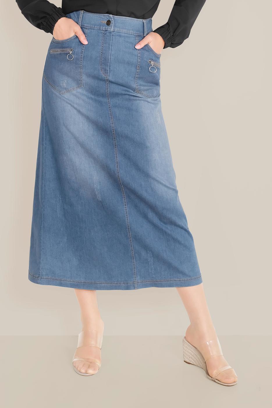 Hijab clothing NAVY BLUE ALVİNA ZIPPER DETAIL DENIM SKIRT WITH POCKET 60081  