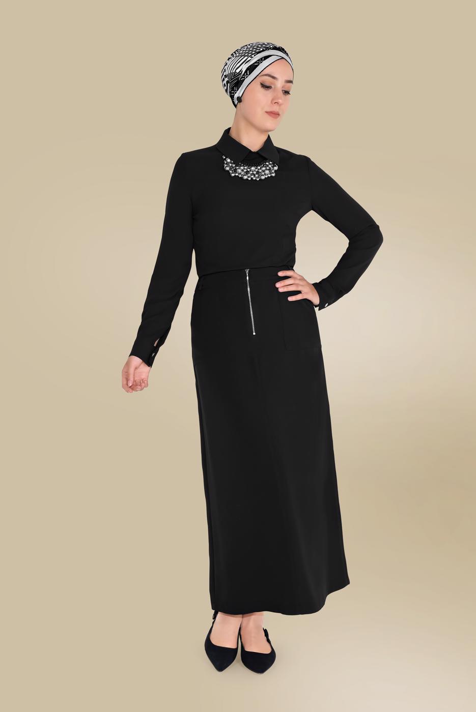 Tesettür giyim SİYAH  ALVİNA ÖNDEN FERMUARLI CEPLİ ETEK 60082