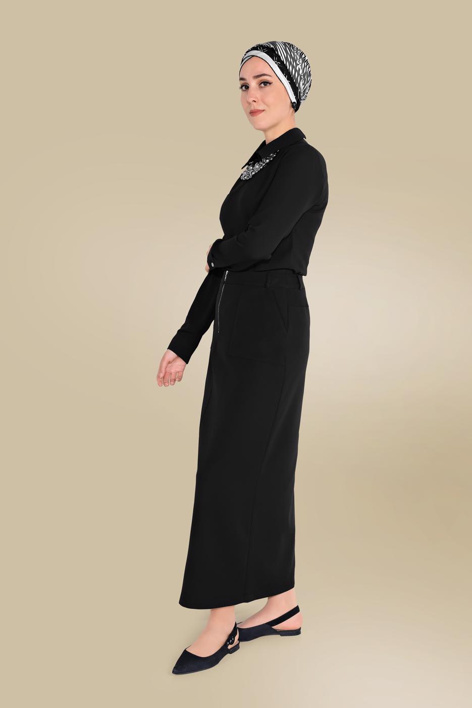 Tesettür giyim SİYAH  ALVİNA ÖNDEN FERMUARLI CEPLİ ETEK 60082