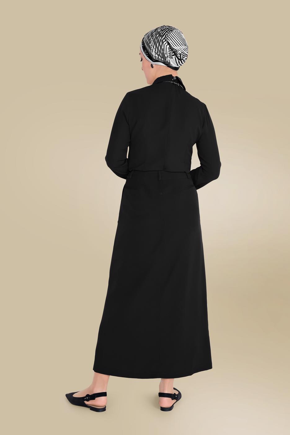 Tesettür giyim SİYAH  ALVİNA ÖNDEN FERMUARLI CEPLİ ETEK 60082