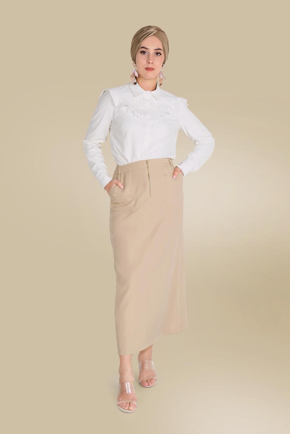 Tesettür giyim BEJ  ALVİNA ÖNDEN FERMUARLI CEPLİ ETEK 60082