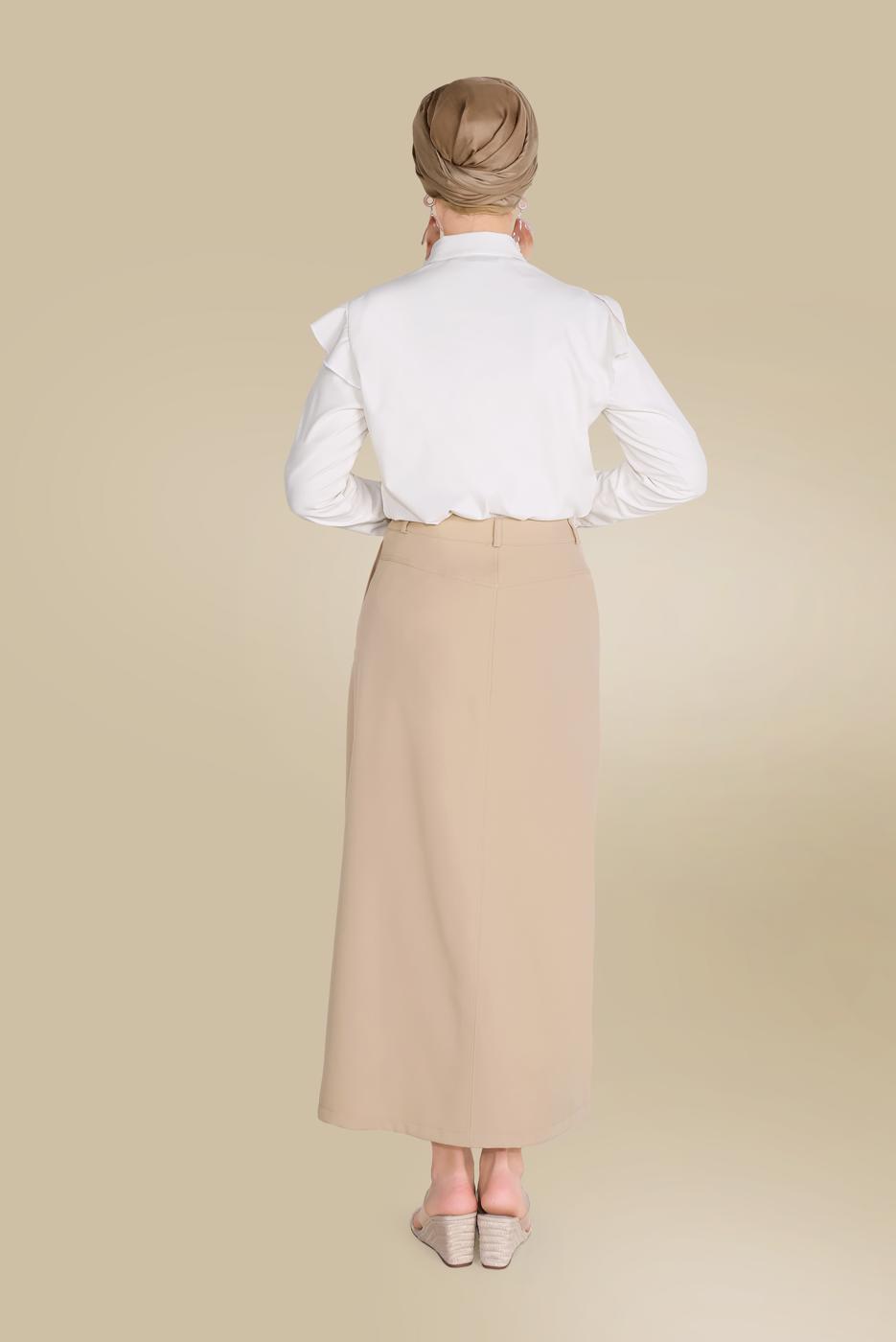 Tesettür giyim BEJ  ALVİNA ÖNDEN FERMUARLI CEPLİ ETEK 60082