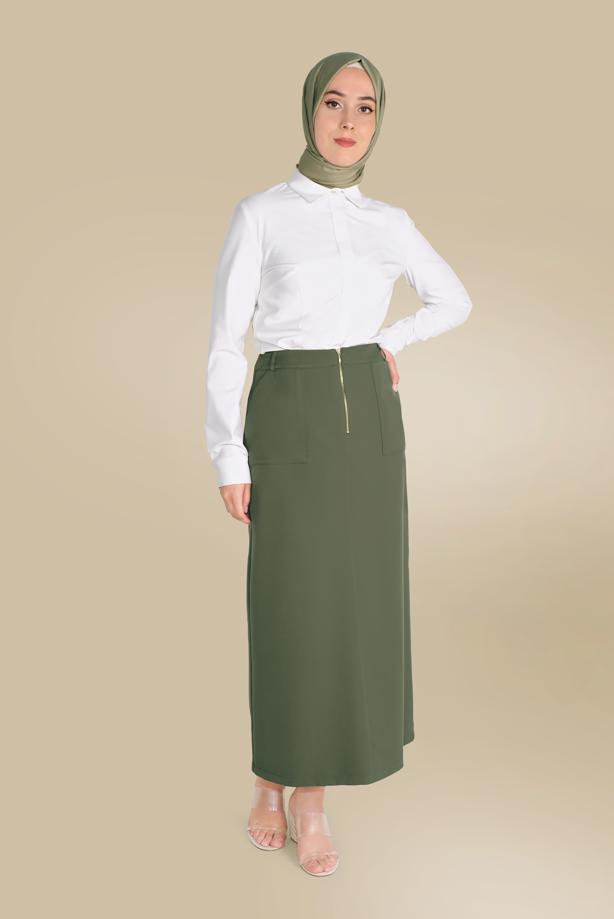 Hijab clothing KHAKI ALVİNA ZIPPERED SKIRT WITH POCKET 60082  - TRENDTESETTÜR