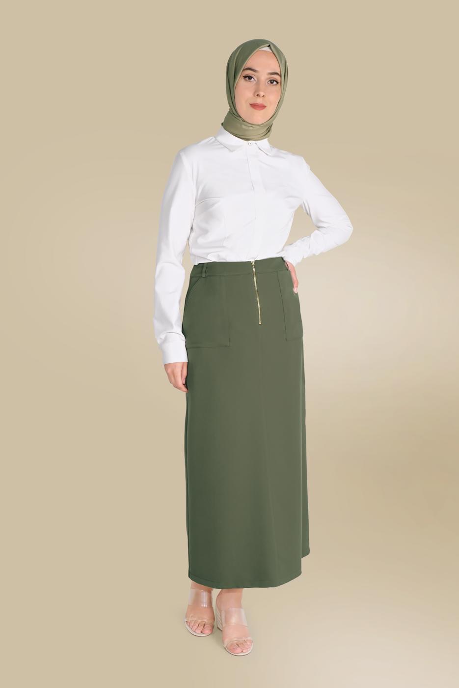 Hijab clothing KHAKI ALVİNA ZIPPERED SKIRT WITH POCKET 60082 