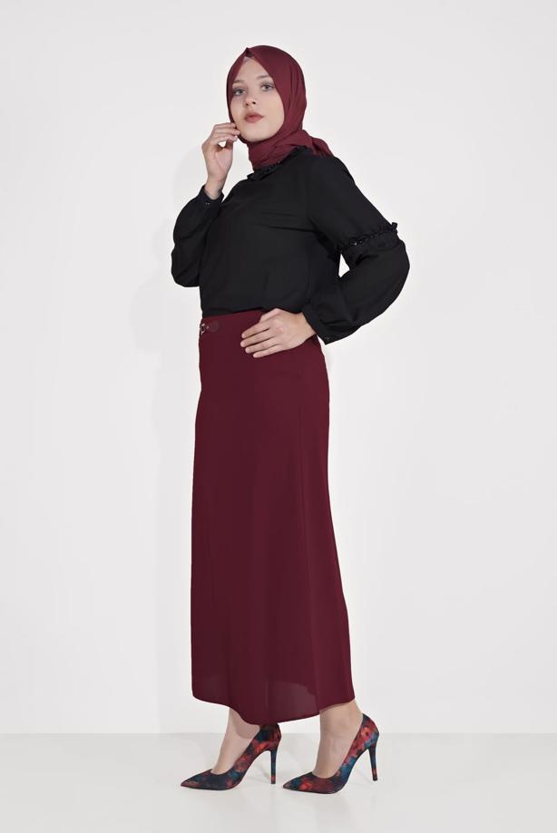Vêtements hijab ROUGE BORDEAUX JUPE À DÉTAILS EN CUIR ALVINA 60084 - TRENDTESETTÜR