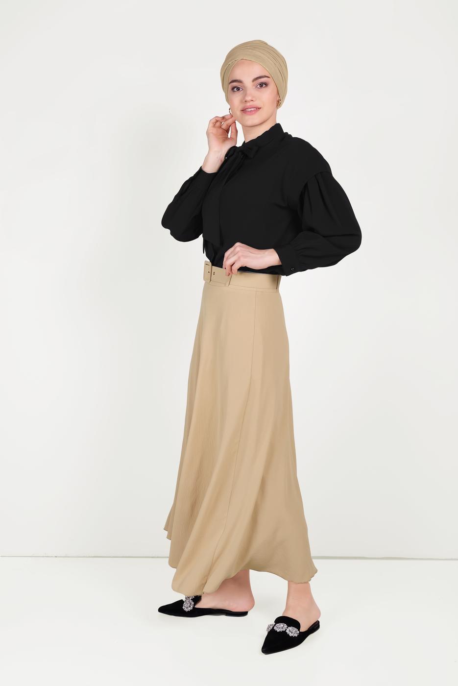 Tesettür giyim KAHVE  ALVİNA  KEMERLİ KLOŞ ETEK 60087