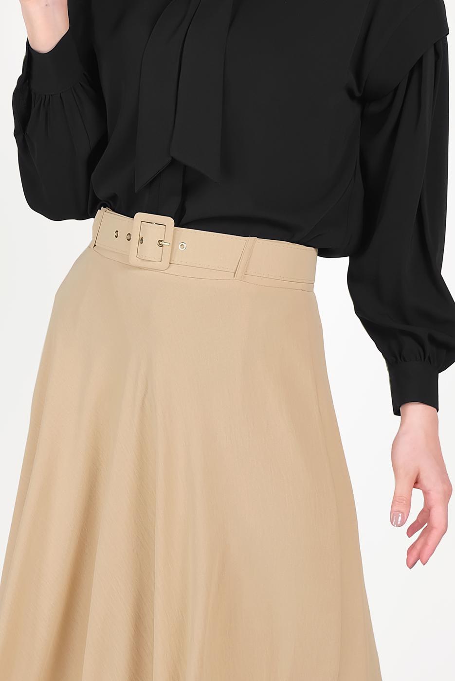 Tesettür giyim KAHVE  ALVİNA  KEMERLİ KLOŞ ETEK 60087