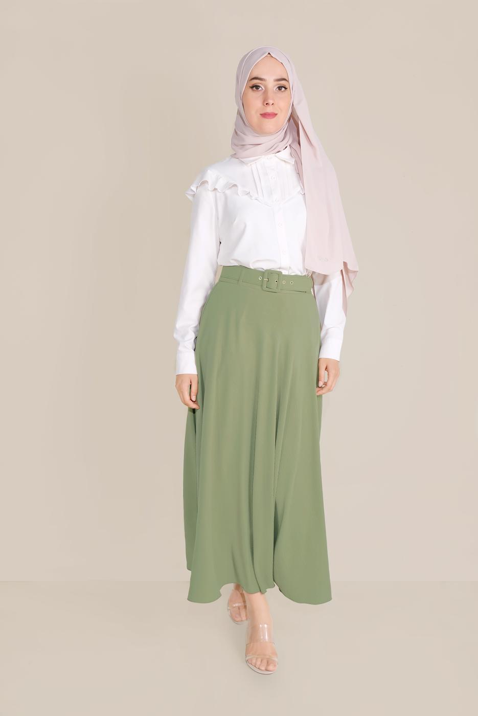 Tesettür giyim HAKİ  ALVİNA  KEMERLİ KLOŞ ETEK 60087