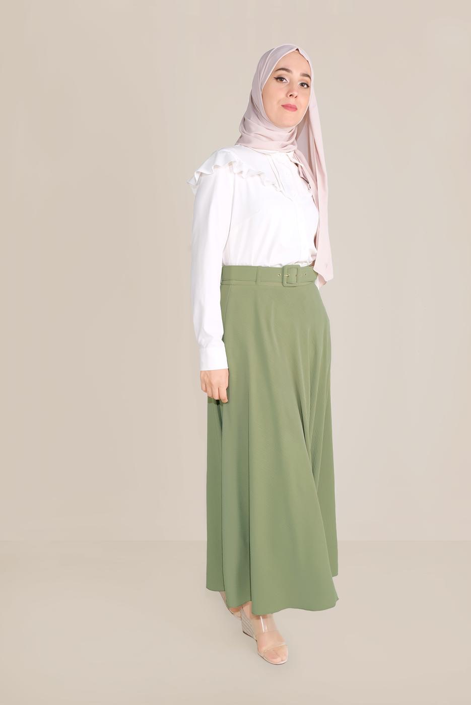 Tesettür giyim HAKİ  ALVİNA  KEMERLİ KLOŞ ETEK 60087