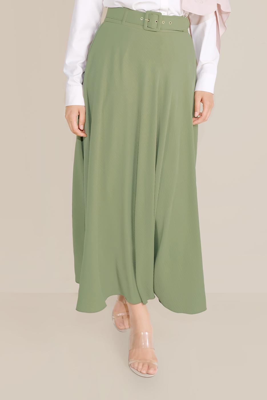 Tesettür giyim HAKİ  ALVİNA  KEMERLİ KLOŞ ETEK 60087