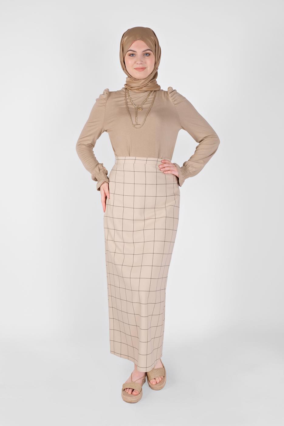 Tesettür giyim BEJ  ALVİNA KARELİ ETEK 60092