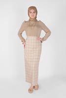 Tesettür giyim BEJ  ALVİNA KARELİ ETEK 60092