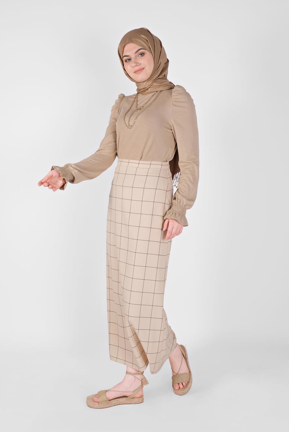 Tesettür giyim BEJ  ALVİNA KARELİ ETEK 60092