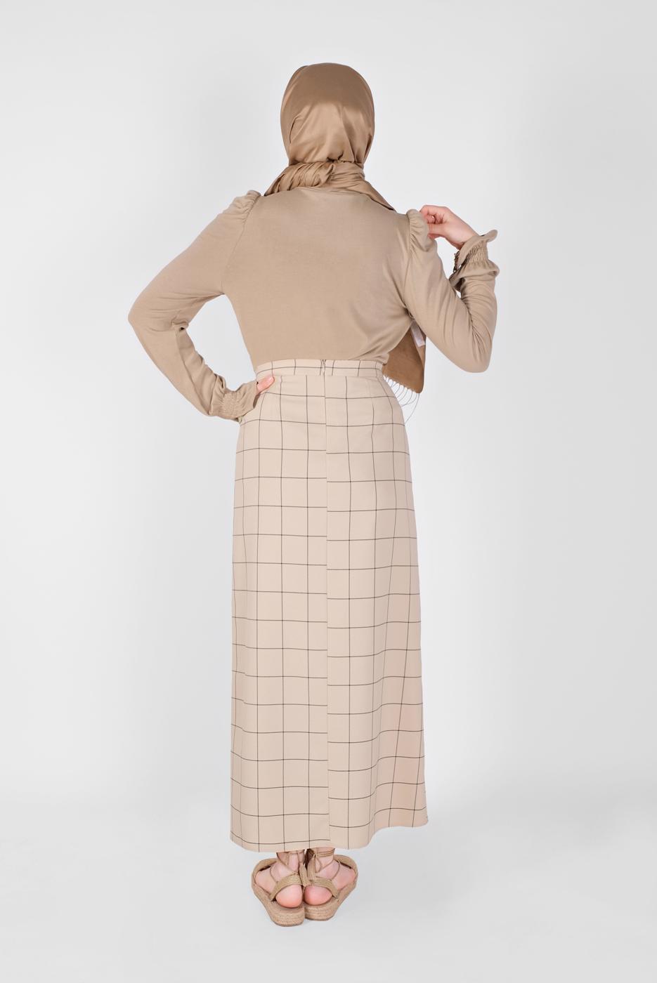 Tesettür giyim BEJ  ALVİNA KARELİ ETEK 60092