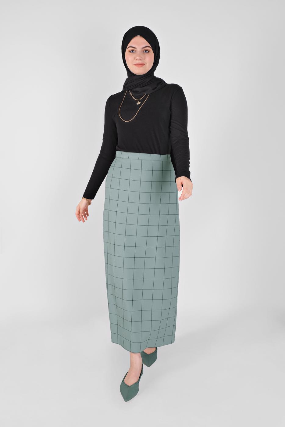 Tesettür giyim YEŞİL  ALVİNA KARELİ ETEK 60092