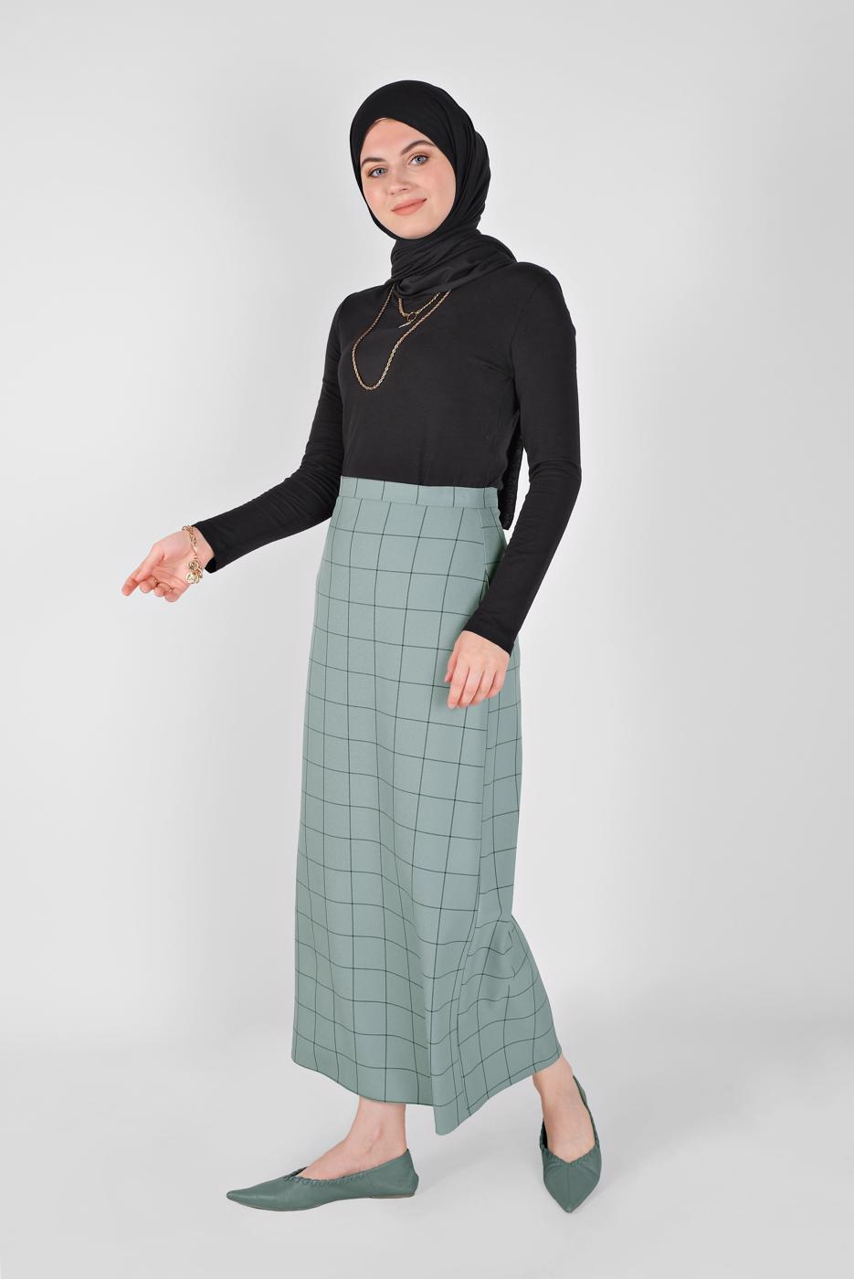 Tesettür giyim YEŞİL  ALVİNA KARELİ ETEK 60092