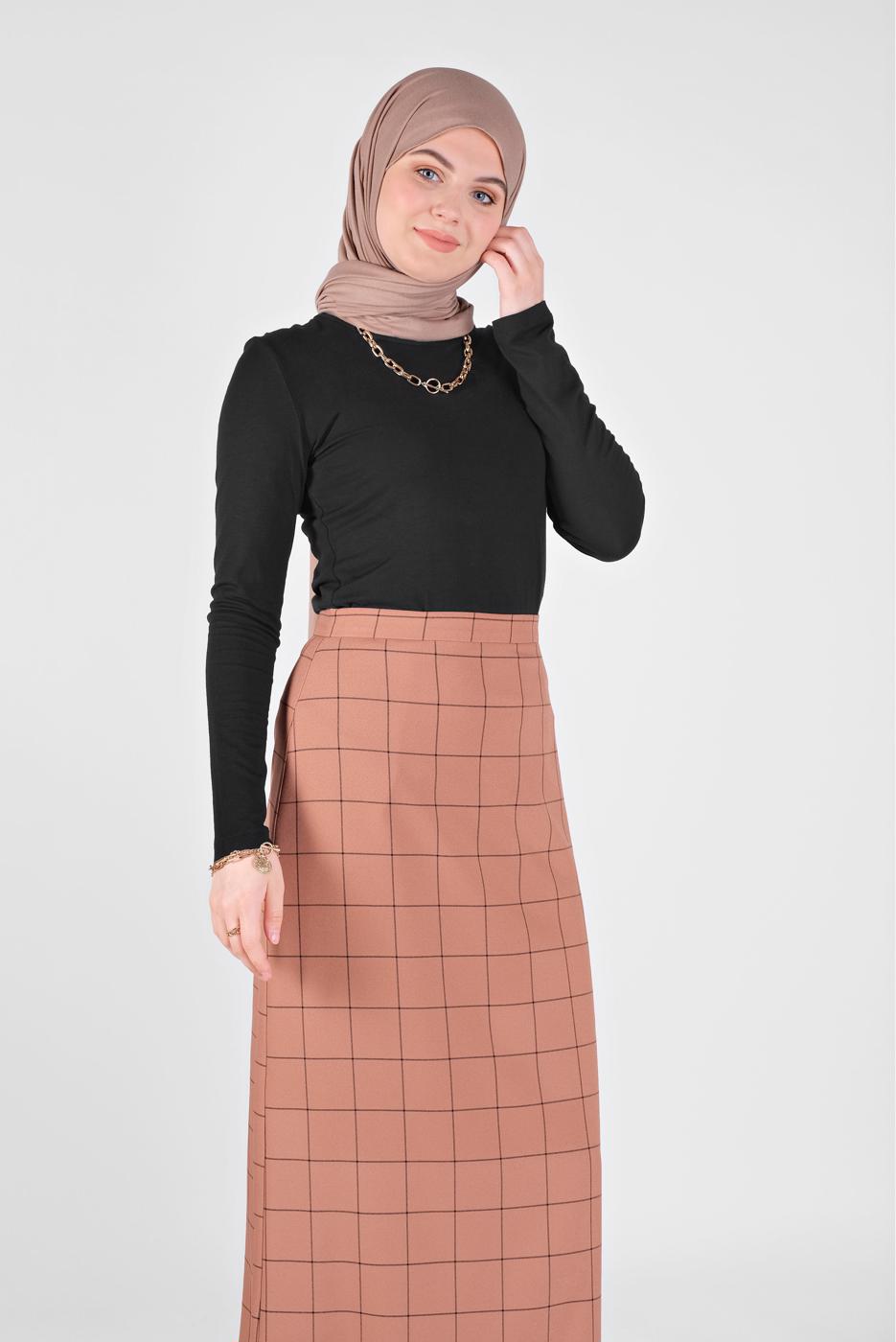 Tesettür giyim KAHVE  ALVİNA KARELİ ETEK 60092