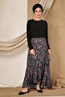 Tesettür giyim SİYAH  ALVİNA  FLORAL DESENLİ VOLANLI ETEK 6331