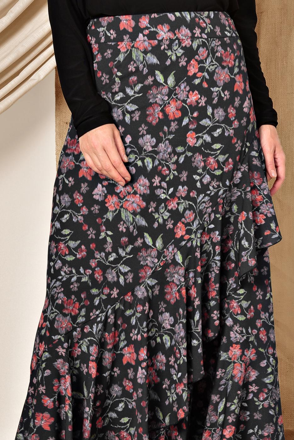 Tesettür giyim SİYAH  ALVİNA  FLORAL DESENLİ VOLANLI ETEK 6331