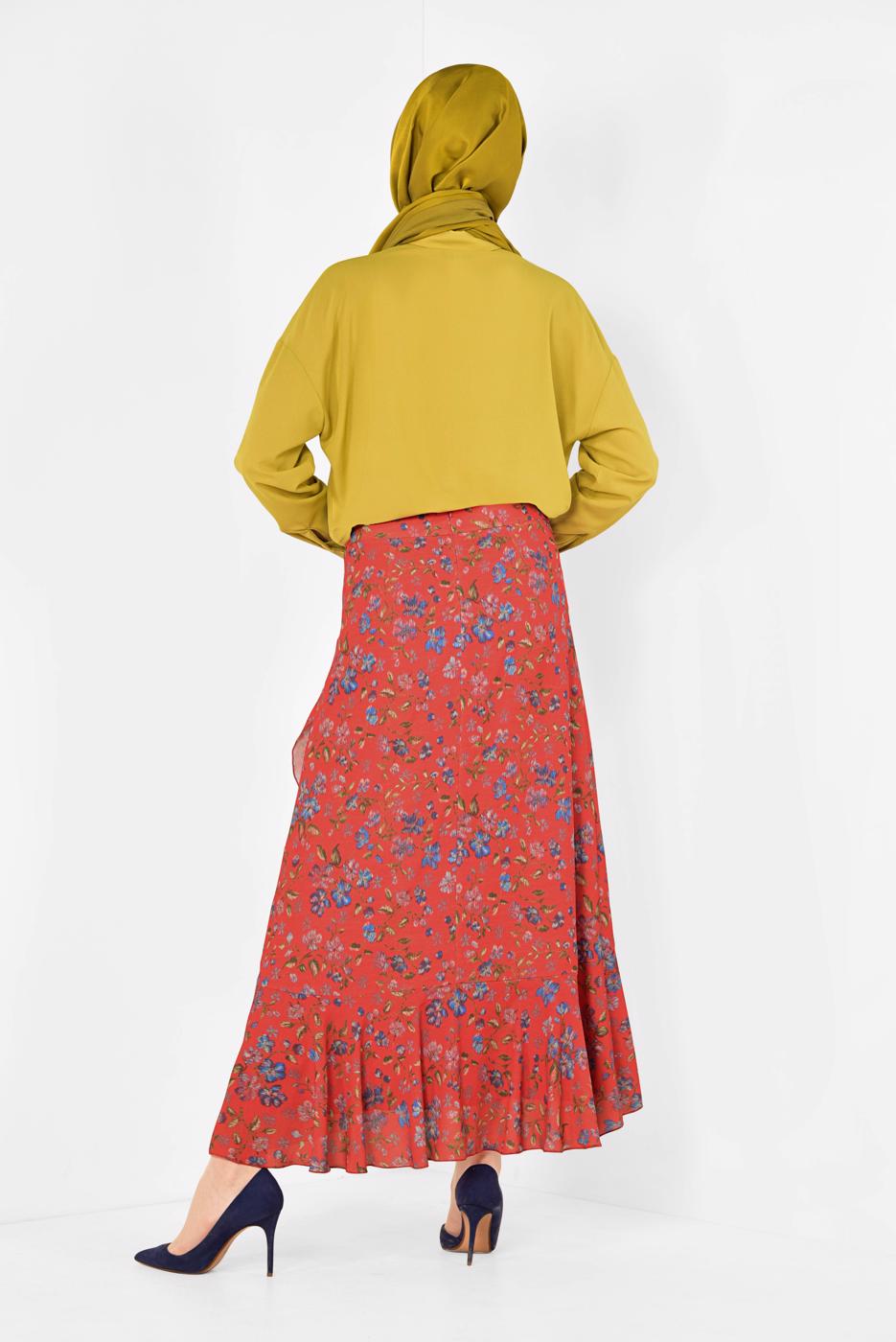 Vêtements hijab ROUGE JUPE À VOLANTS FLEURS ALVİNA 6331