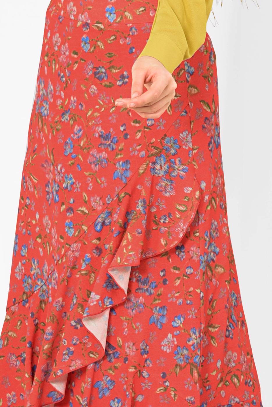 Vêtements hijab ROUGE JUPE À VOLANTS FLEURS ALVİNA 6331