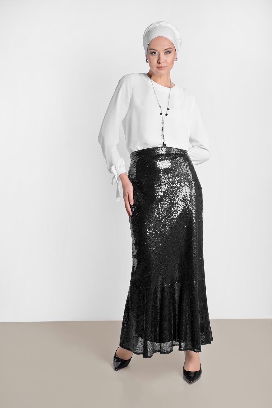 Tesettür giyim SİYAH PUL PAYETLİ VOLANLI ETEK T 6342