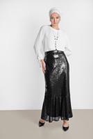 Tesettür giyim SİYAH PUL PAYETLİ VOLANLI ETEK T 6342