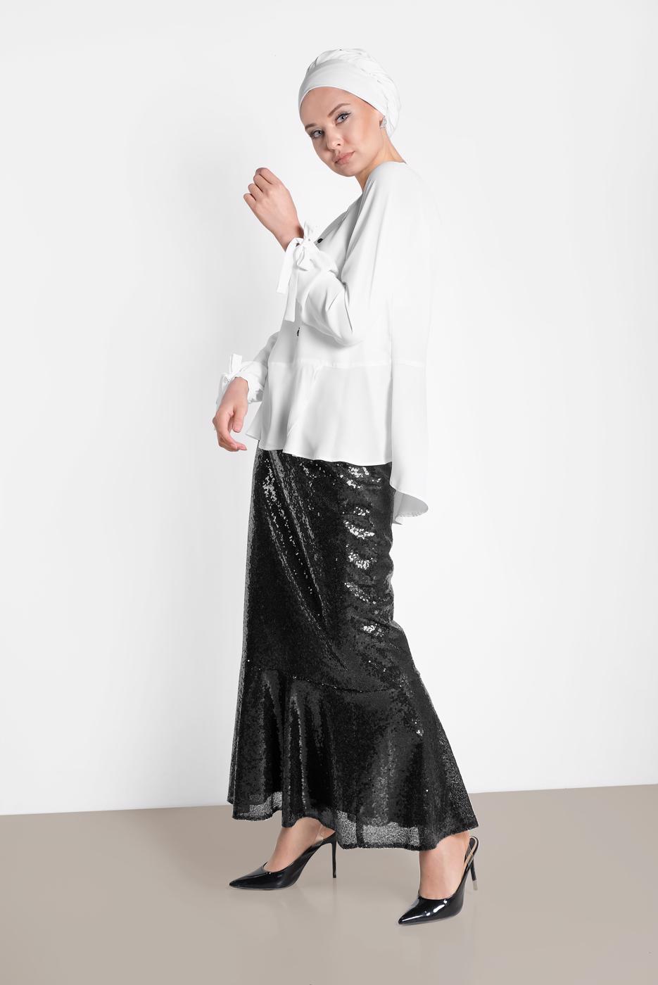 Tesettür giyim SİYAH PUL PAYETLİ VOLANLI ETEK T 6342