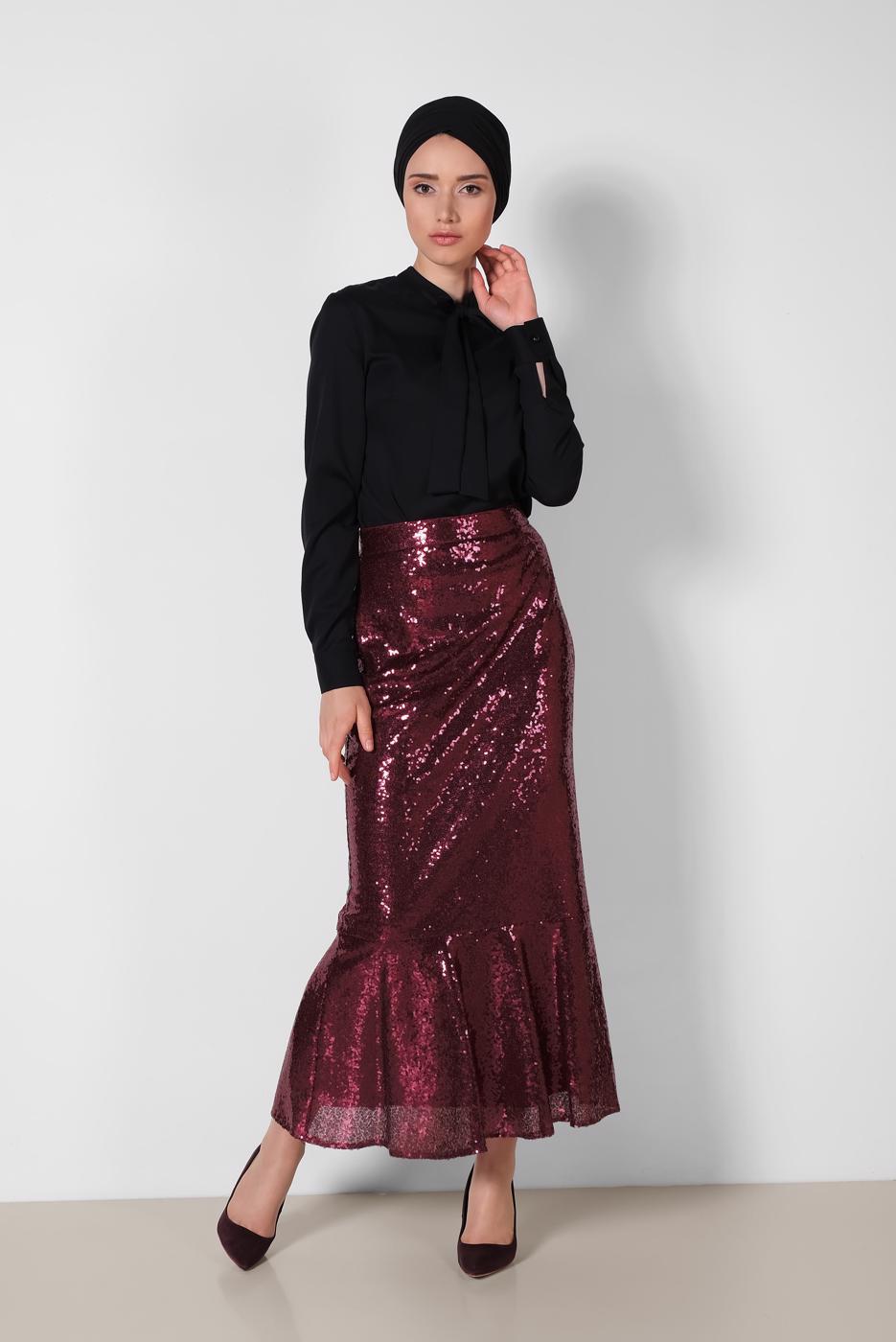 Tesettür giyim BORDO PUL PAYETLİ VOLANLI ETEK T 6342