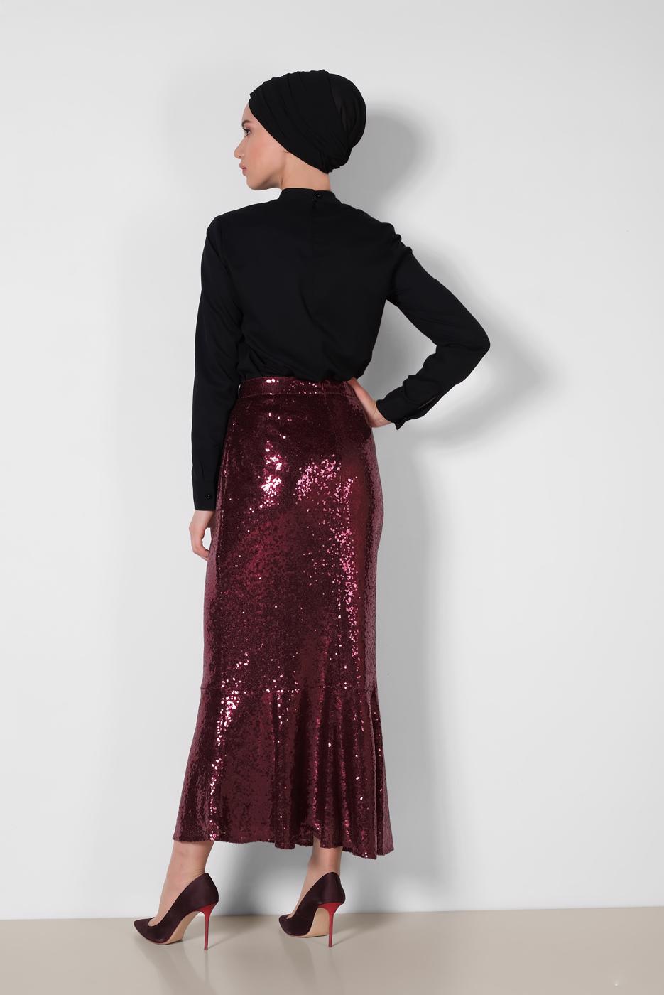 Tesettür giyim BORDO PUL PAYETLİ VOLANLI ETEK T 6342