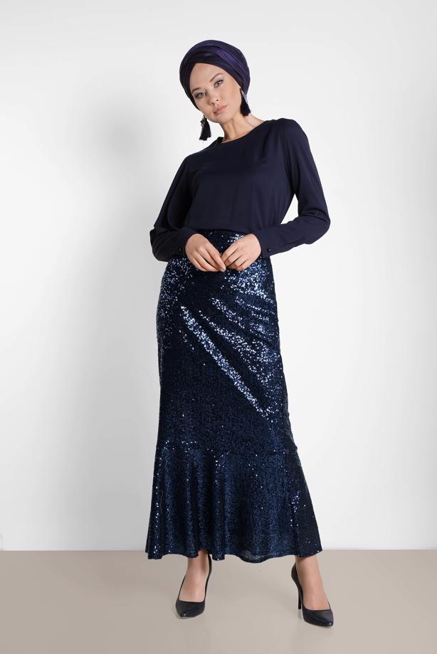 Hijab clothing NAVY BLUE SEQUINED FRILLED SKIRT T 6342 - TRENDTESETTÜR