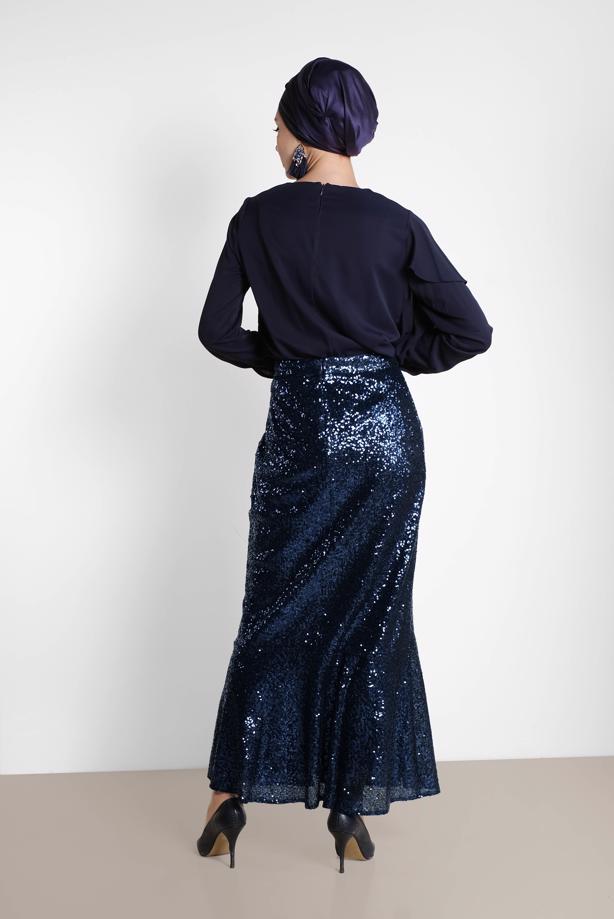 Hijab clothing NAVY BLUE SEQUINED FRILLED SKIRT T 6342 - TRENDTESETTÜR