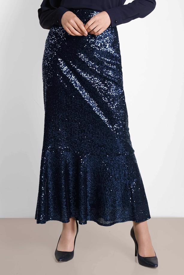 Hijab clothing NAVY BLUE SEQUINED FRILLED SKIRT T 6342 - TRENDTESETTÜR