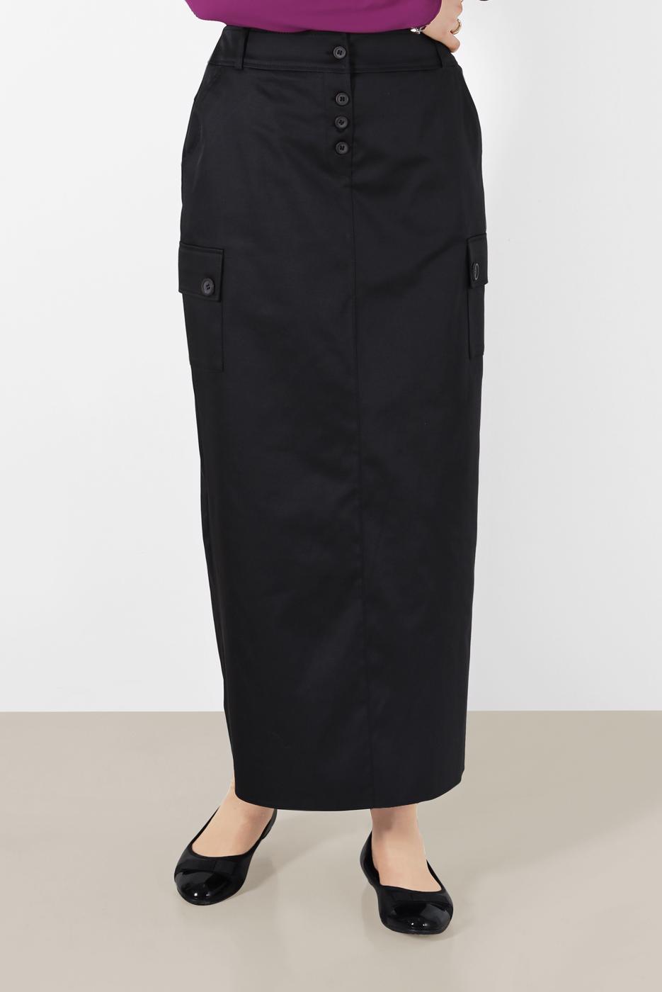 Tesettür giyim SİYAH ALVİNA  CEPLİ DÜĞME DETAYLI ETEK 6373