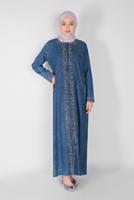 Vêtements hijab BLEU MARINE FERMETURE ÉCLAIR IMPRIMÉ PIERRE DENIM ABAYA 5317 