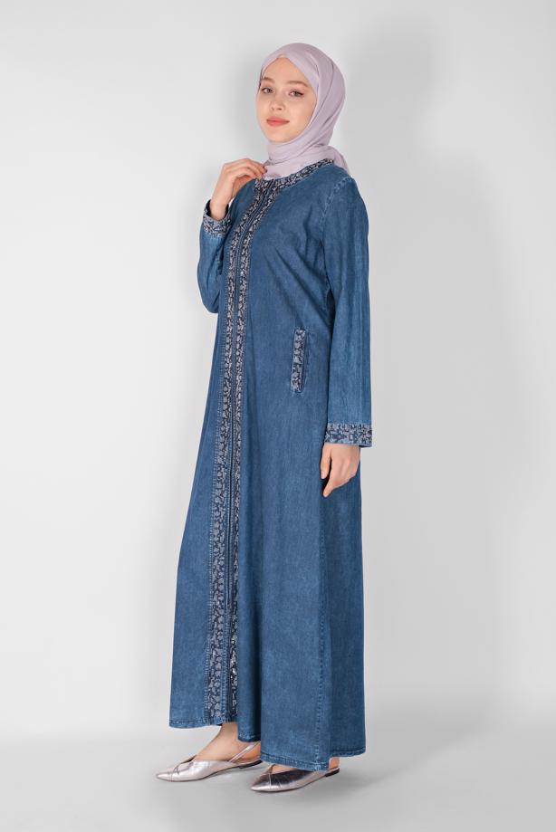 Vêtements hijab  STONE PRINTED ZIPPER DENIM ABAYA 5317  - TRENDTESETTÜR