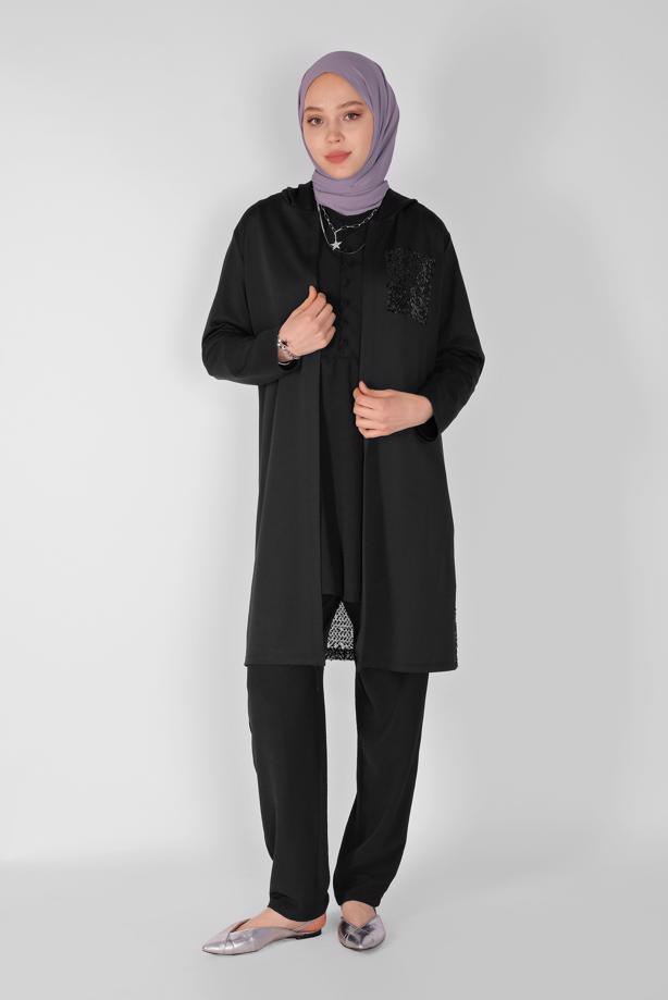 Tesettür giyim SİYAH PUL PAYETLİ KAPÜŞONLU HIRKA 3656  - TRENDTESETTÜR