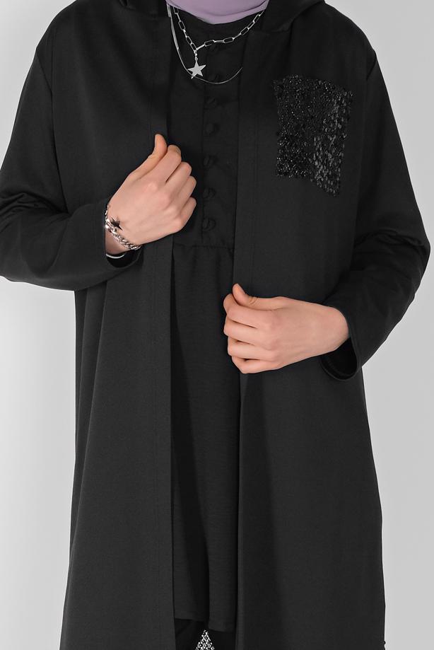 Tesettür giyim SİYAH PUL PAYETLİ KAPÜŞONLU HIRKA 3656  - TRENDTESETTÜR