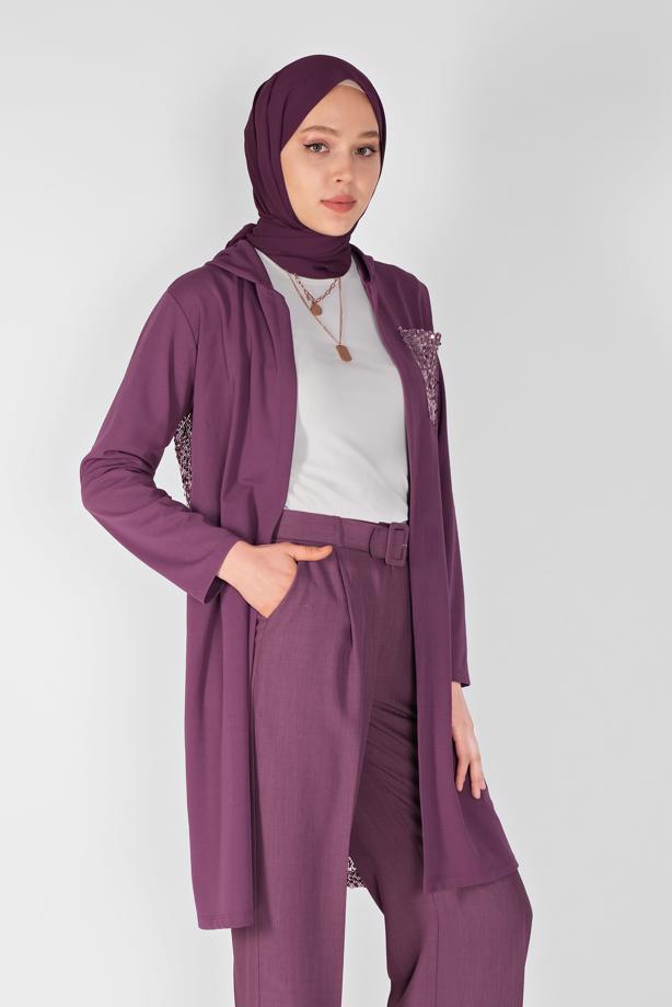 Vêtements hijab POURPRE CARDIGAN À CAPUCHE DÉTAIL PAILLETTE 3656 - TRENDTESETTÜR