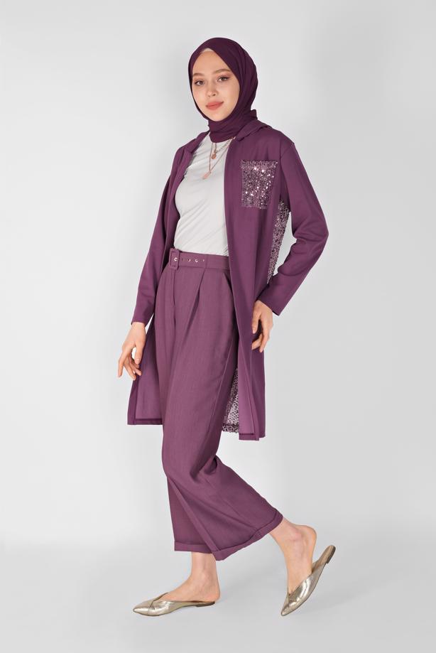 Vêtements hijab POURPRE CARDIGAN À CAPUCHE DÉTAIL PAILLETTE 3656 - TRENDTESETTÜR