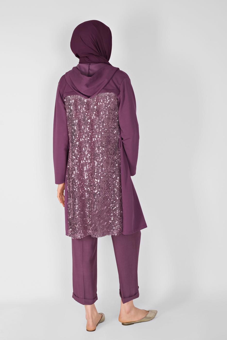 Hijab clothing PURPLE SEQUIN DETAIL HOODED CARDIGAN 3656 