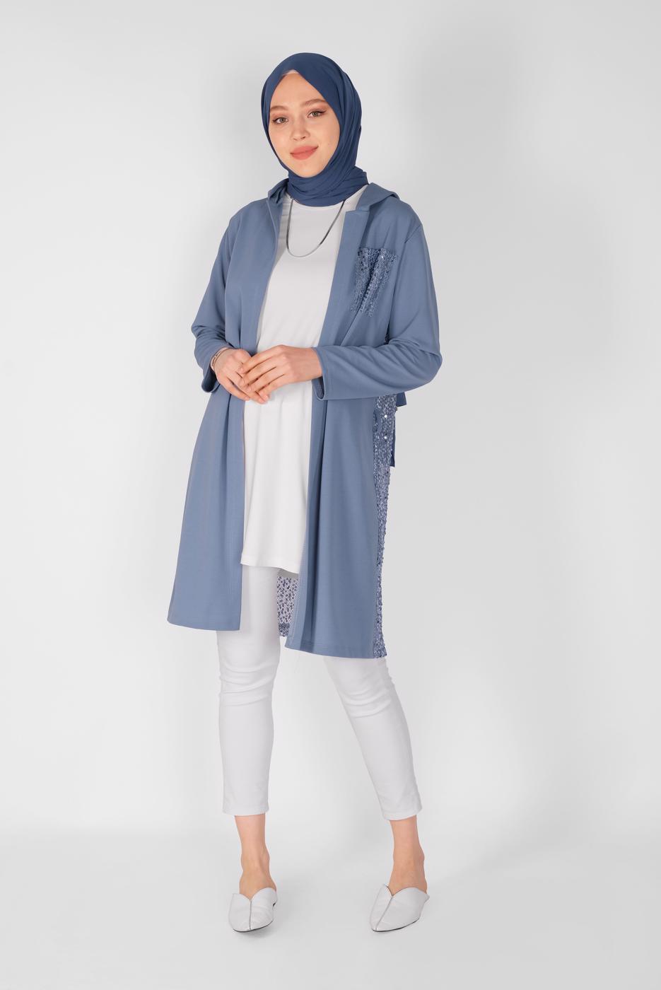 Tesettür giyim MAVİ PUL PAYETLİ KAPÜŞONLU HIRKA 3656 