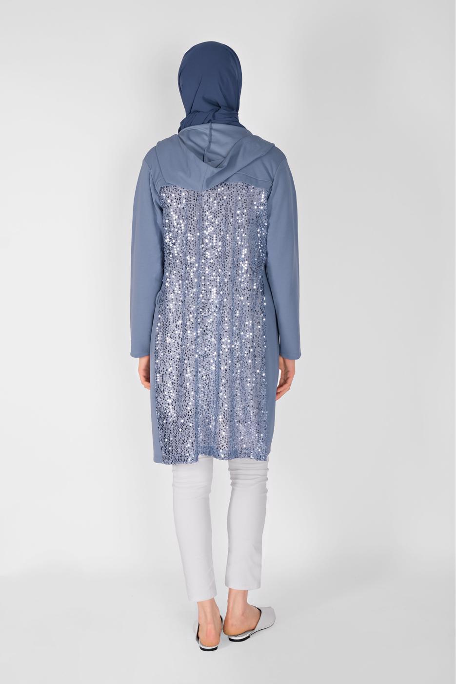 Tesettür giyim MAVİ PUL PAYETLİ KAPÜŞONLU HIRKA 3656 