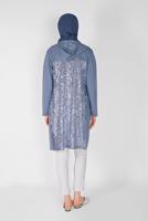 Tesettür giyim MAVİ PUL PAYETLİ KAPÜŞONLU HIRKA 3656 