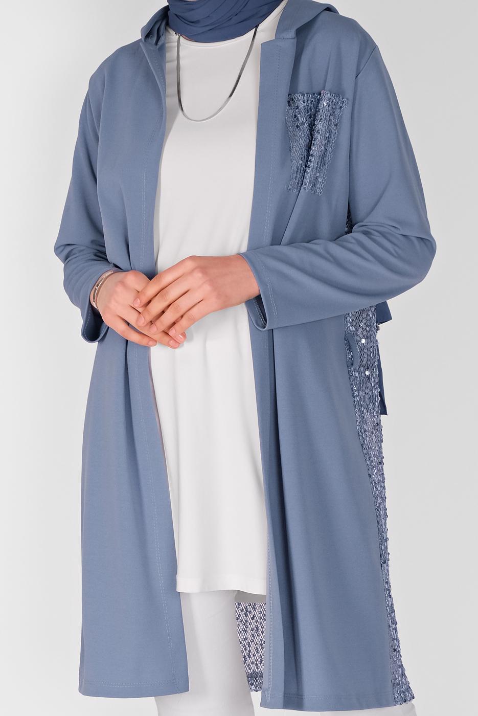 Tesettür giyim MAVİ PUL PAYETLİ KAPÜŞONLU HIRKA 3656 