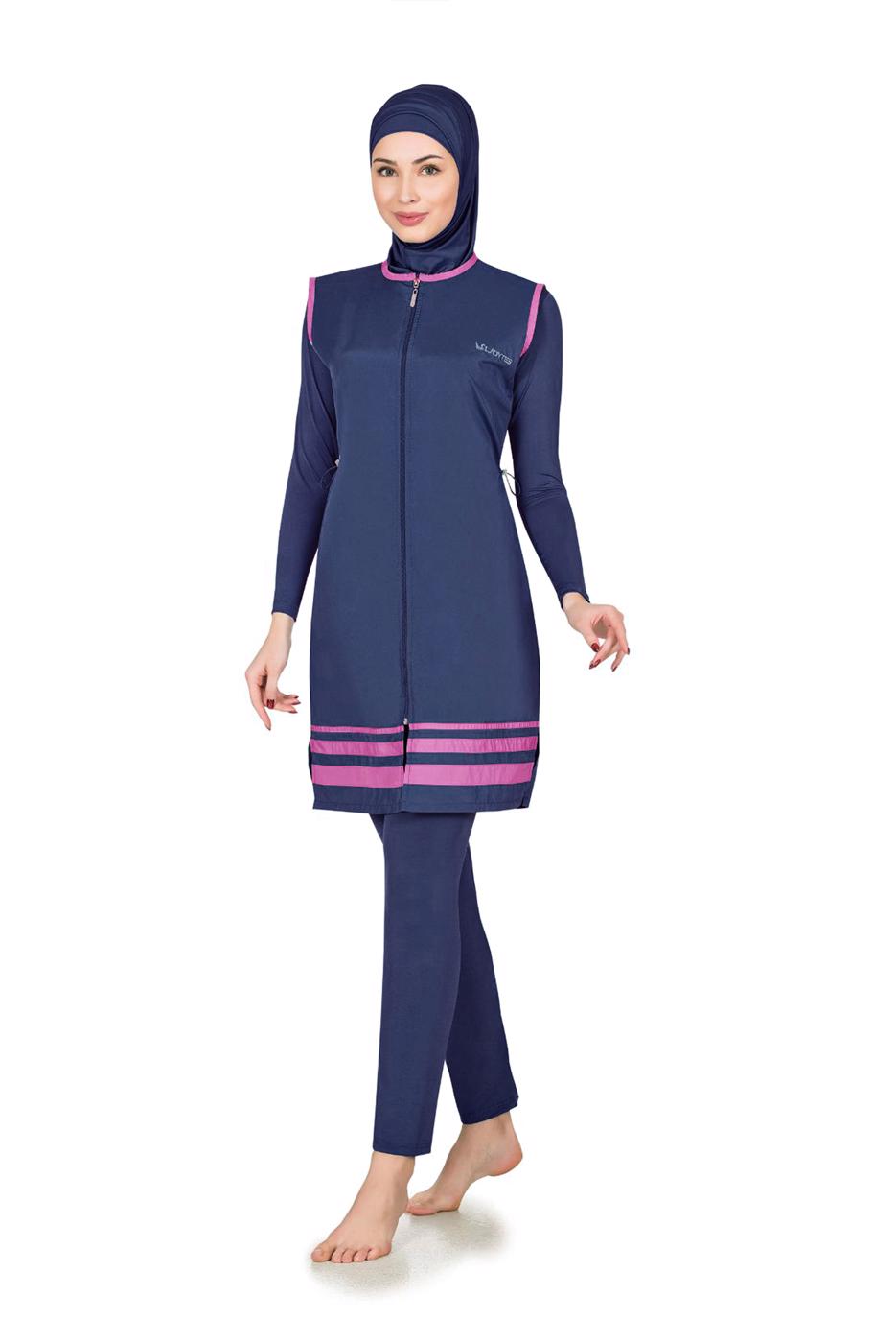Vêtements hijab BLEU MARINE MAILLOT DE BAIN HIJAB ZIPPÉ À RAYURES  0243 