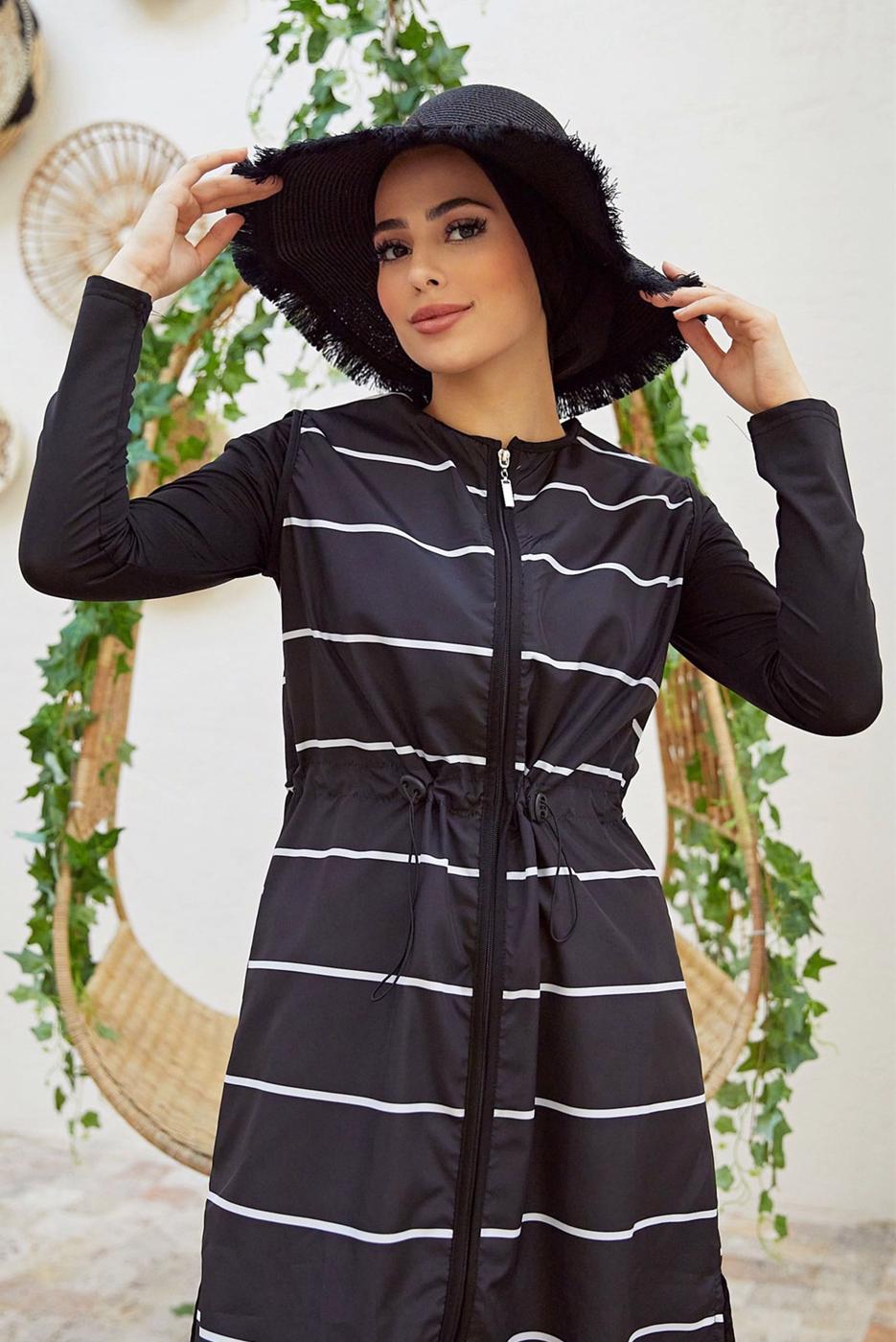 Tesettür giyim SİYAH ÇİZGİLİ FERMUARLI TESETTÜR MAYO 1900 
