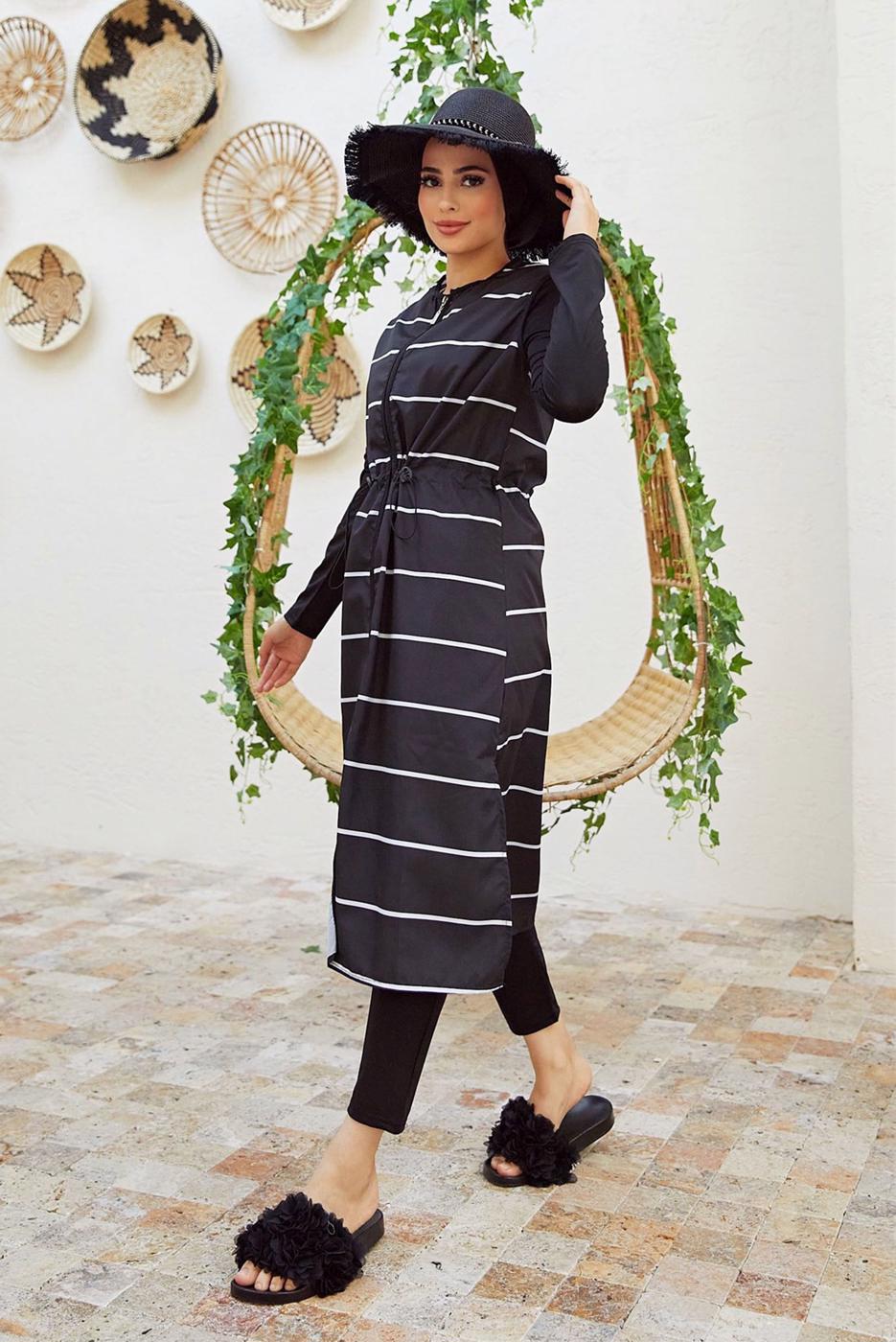 Tesettür giyim SİYAH ÇİZGİLİ FERMUARLI TESETTÜR MAYO 1900 