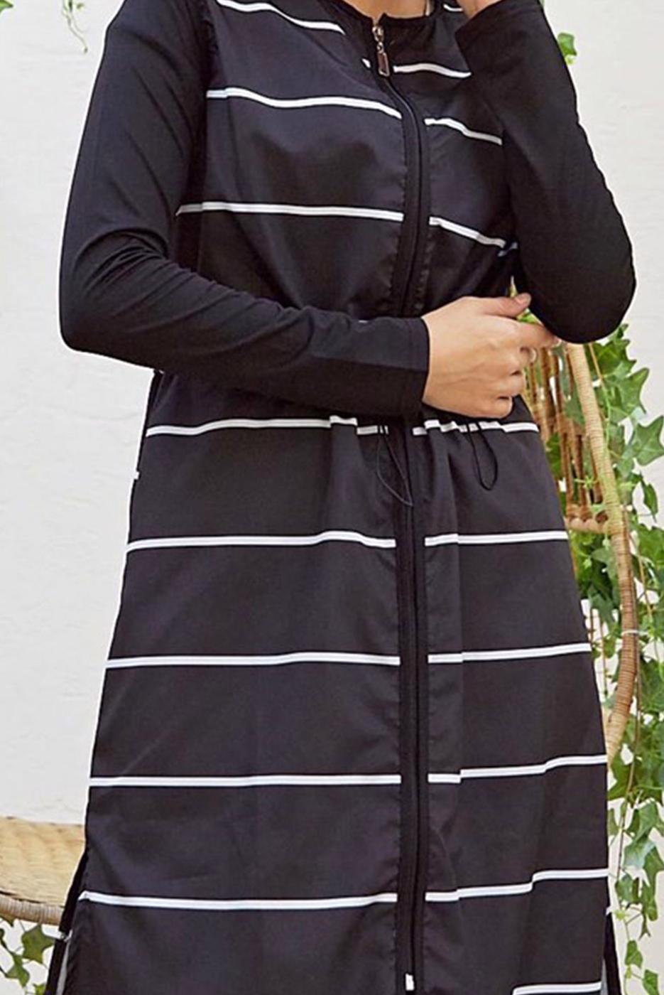 Tesettür giyim SİYAH ÇİZGİLİ FERMUARLI TESETTÜR MAYO 1900 